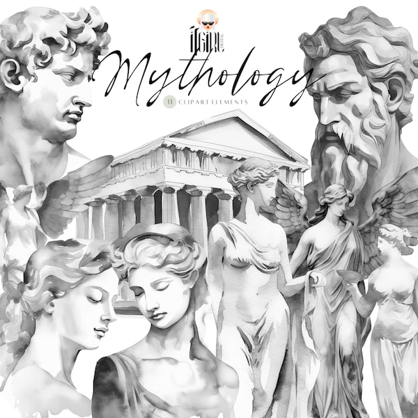 Greek Mythology Watercolor Clipart, statue clipart, sculpture clipart, David statue, Ancient Greek, Antique Pillar, Athens, Goddess Clipart