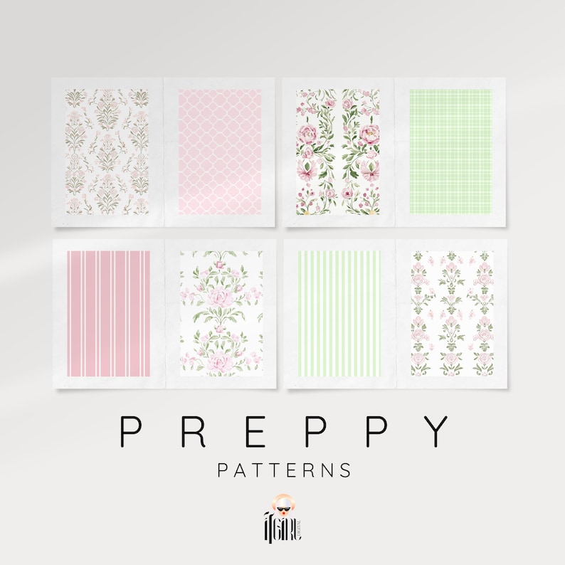 Grandmillenial Preppy Seamless Digital Paper, Cottagecore Watercolor Pastel Floral Patterns, Nursery Print, Preppy Stripes, Plaid image 2