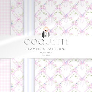 May include: A collection of seamless patterns in soft pastel colors. The patterns include pink gingham, vertical stripes, and floral designs with bows. The word "COQUETTE" is displayed in elegant typography, along with "SEAMLESS PATTERNS".