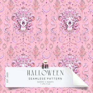 Pode incluir: Um padrão sem costura rosa de Halloween com ilustrações de Medusa, cobras, luas, estrelas e desenhos ornamentados. O padrão inclui o texto "HALLOWEEN" e informações sobre o tamanho do arquivo.