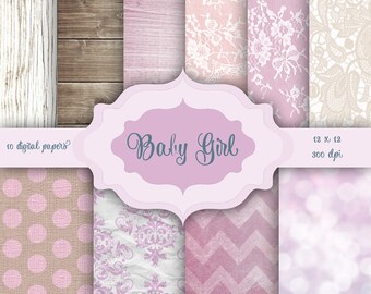 Baby GIRL Digital Paper Pack - wood canvas chevron bokeh damask  vintage lace pattern backgrounds wedding invitation baby shower planner