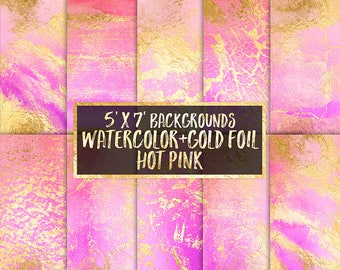 Hot Pink Watercolor and Gold Foil Digital Paper wedding invitation template gold foil gold watercolor scrapbooking planner stickers clipart