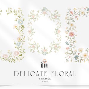May include: A collection of delicate floral frames in a watercolour style. The image shows frames with pastel-coloured flowers, including pink, blue, and yellow blooms, and green foliage. The text "DELICATE FLORAL FRAMES" is at the bottom.