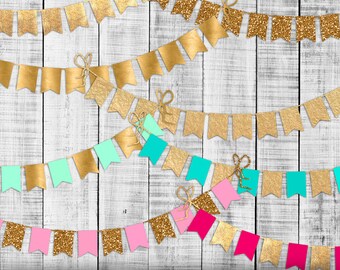Gold Glitter Bunting Banner Clip Art: Scrapbook Planner Stickers (Digital Download)