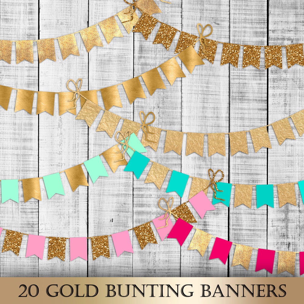 Gold Bunting Banner Digital Clip Art - gold foil glitter bunting garl…