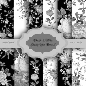Black & White Shabby Chic Flowers Digital Paper Pack - fond de motif floral vintage pour le scrapbooking, les invitations de mariage, les cartes