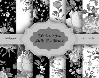 Shabby Chic Floral Digital Paper Pack: Black & White Vintage Patterns (Digital Download)