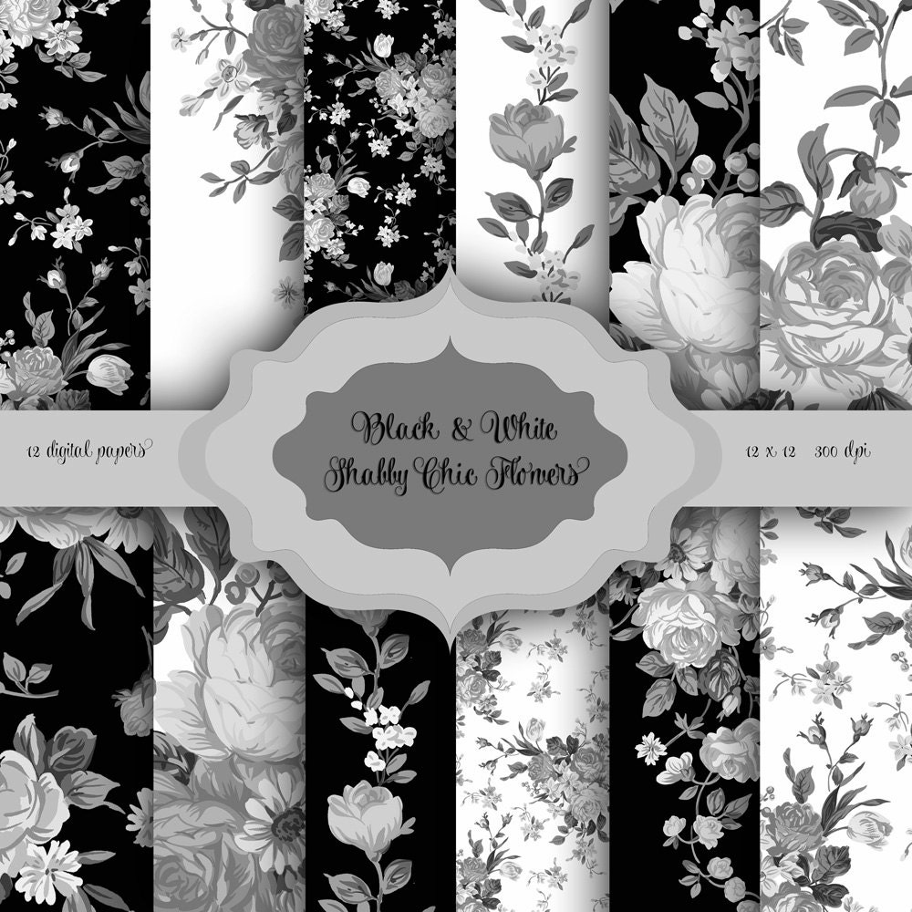 Black Floral Digital Paper: floral Papers Black and White Digital