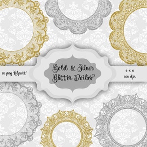 Glitter LACE Deckchen Rahmen Digital Clip Art - Gold/Silber Glitzer Spitzenmuster transparenter Hintergrund für Scrapbooking, Hochzeitseinladungen,