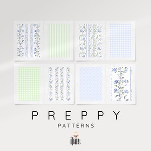 Puede incluir: Un conjunto de ocho patrones preppy con dise&ntilde;os florales azules y verdes, cuadros vichy, rayas y patrones geom&eacute;tricos. Los patrones son perfectos para manualidades, scrapbooking y otros proyectos creativos.