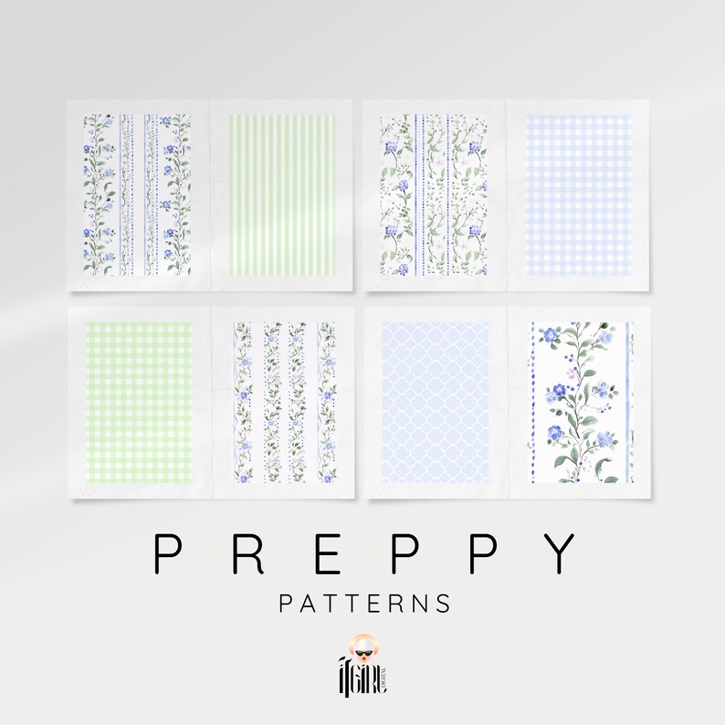 Puede incluir: Un conjunto de ocho patrones preppy con dise&ntilde;os florales azules y verdes, cuadros vichy, rayas y patrones geom&eacute;tricos. Los patrones son perfectos para manualidades, scrapbooking y otros proyectos creativos.