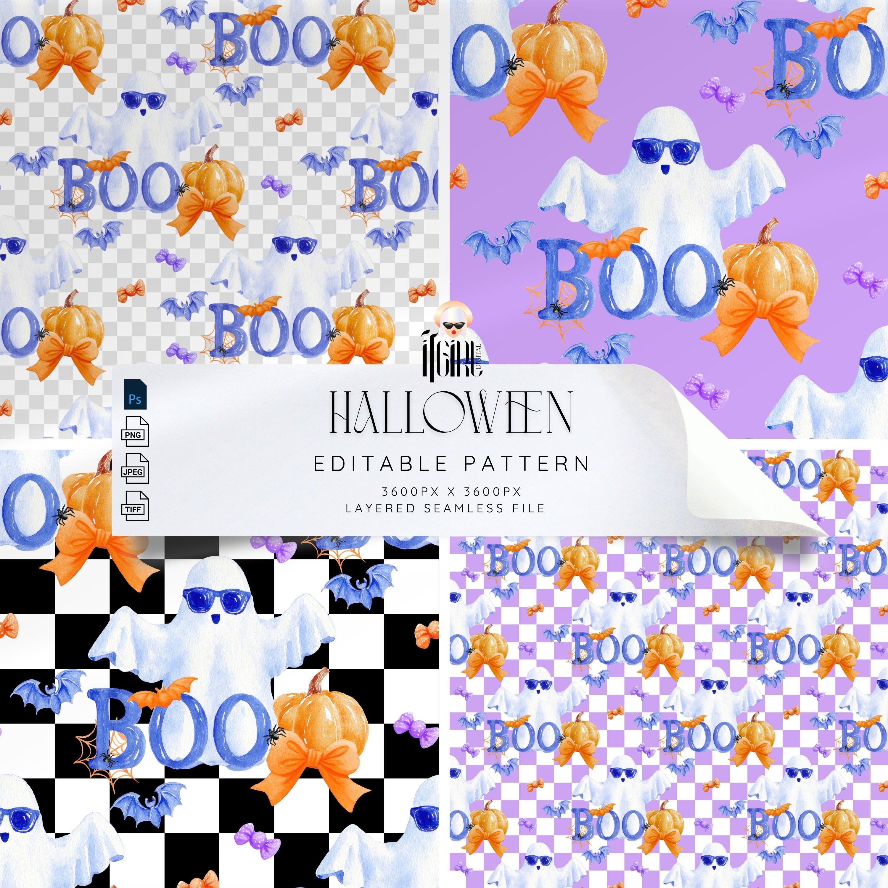 プレッピーなハロウィンゴーストのシームレスパターン：透明な背景で編集可能な秋のプリント（PSD、TIFF、PNG） - Etsy 日本, image size:3000x3000