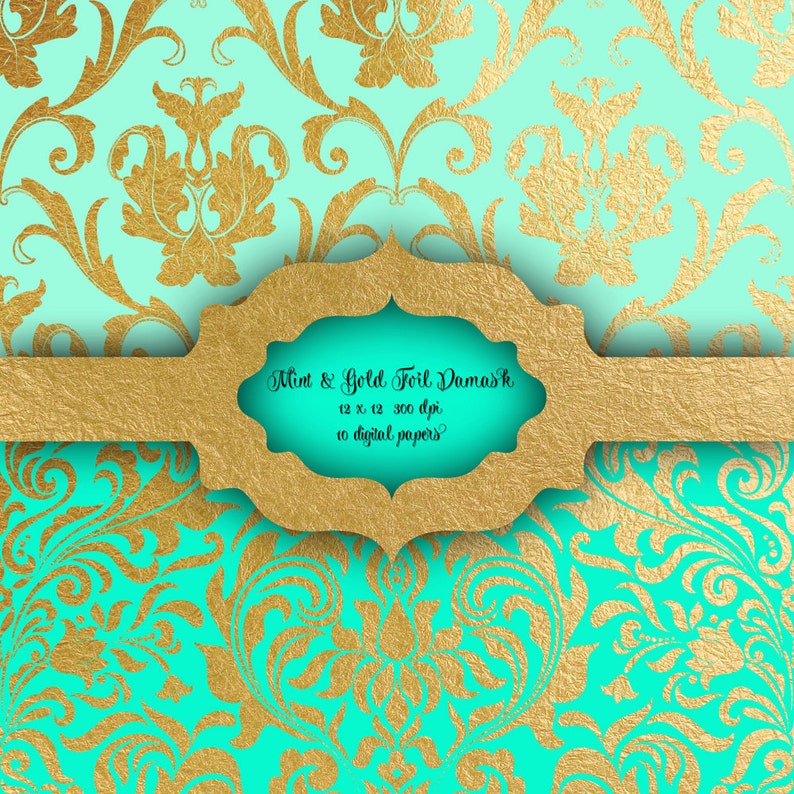 Mint & Gold Foil Damask Digital Paper Pack Floral Gold Etsy