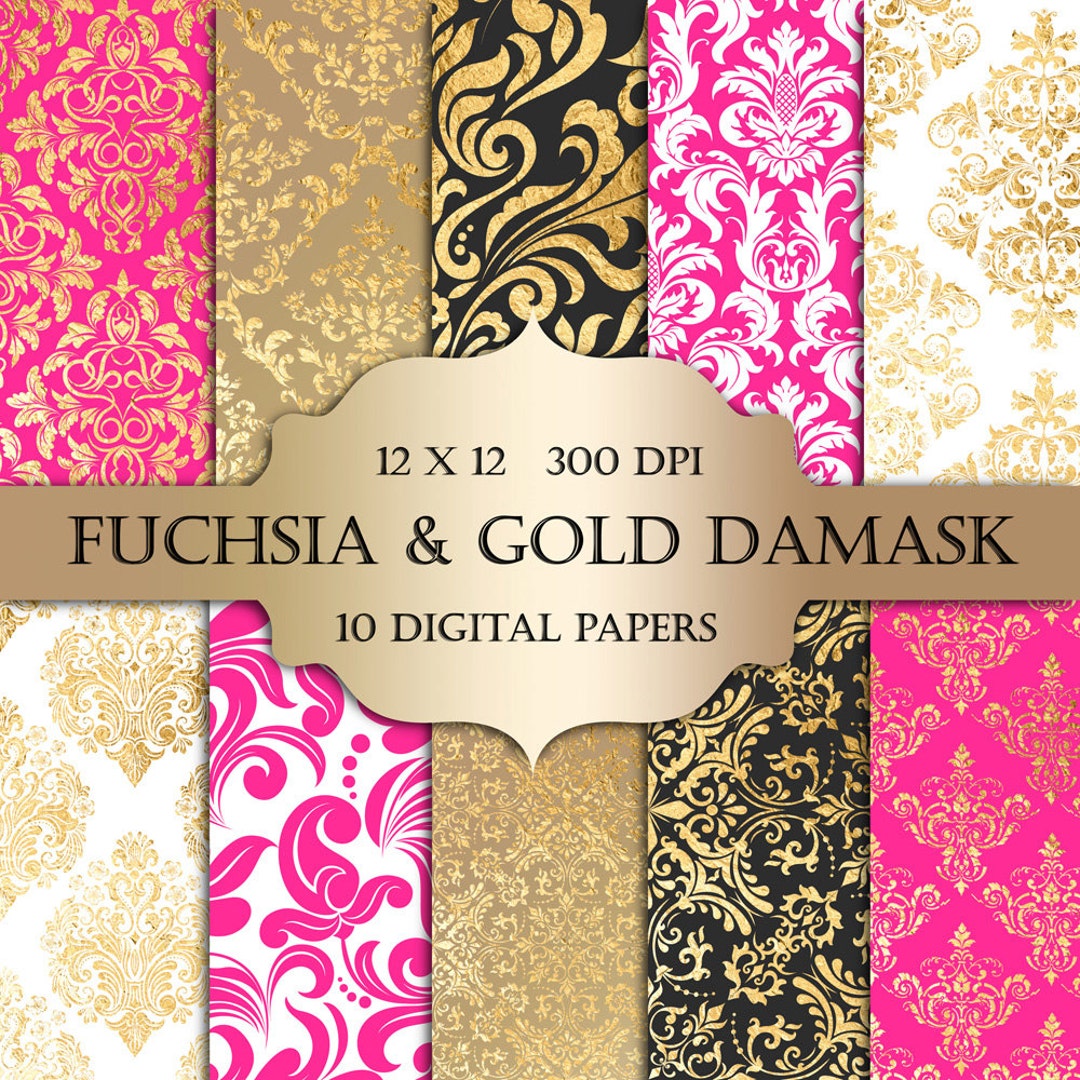 Fuchsia & Gold Foil Damask Digital Paper Hot Pink Gold Damask Metallic