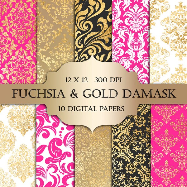 Fuchsia & Gold Foil Damask Digital Paper - hot pink gold damask metallic printable backgrounds scrapbooking wedding invitations cards