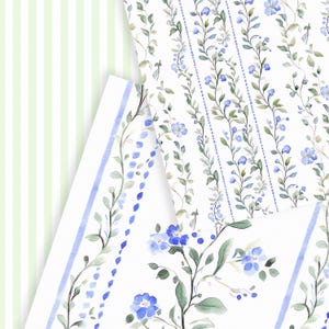 Puede incluir: Tres patrones diferentes de dise&ntilde;os florales azules y verdes sobre un fondo blanco. Los patrones incluyen una vid floral repetitiva, una vid floral con una sola flor m&aacute;s grande y una vid floral con un patr&oacute;n repetitivo de flores m&aacute;s peque&ntilde;as.