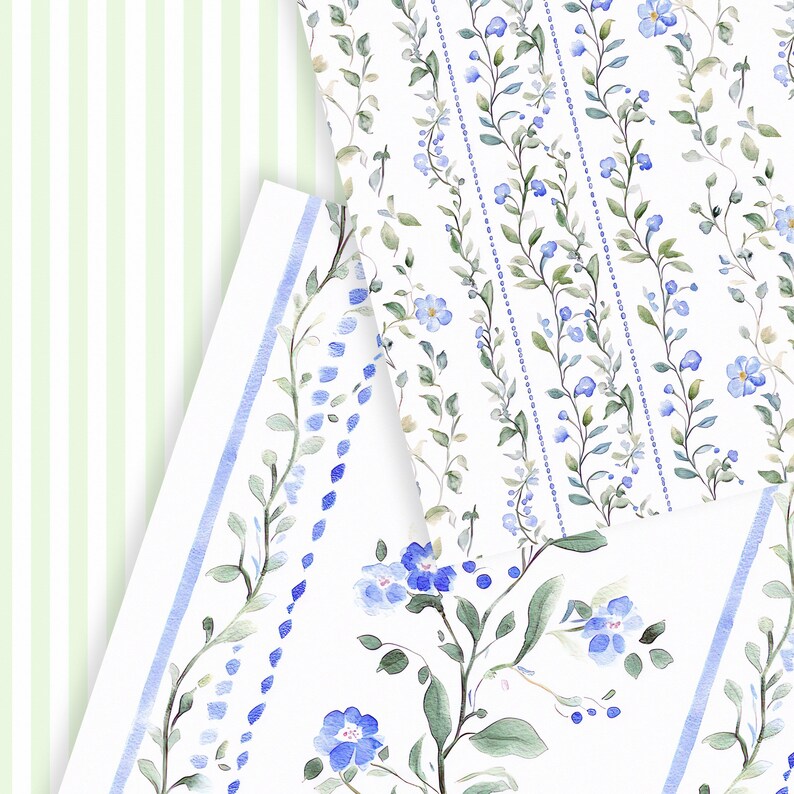 Puede incluir: Tres patrones diferentes de dise&ntilde;os florales azules y verdes sobre un fondo blanco. Los patrones incluyen una vid floral repetitiva, una vid floral con una sola flor m&aacute;s grande y una vid floral con un patr&oacute;n repetitivo de flores m&aacute;s peque&ntilde;as.