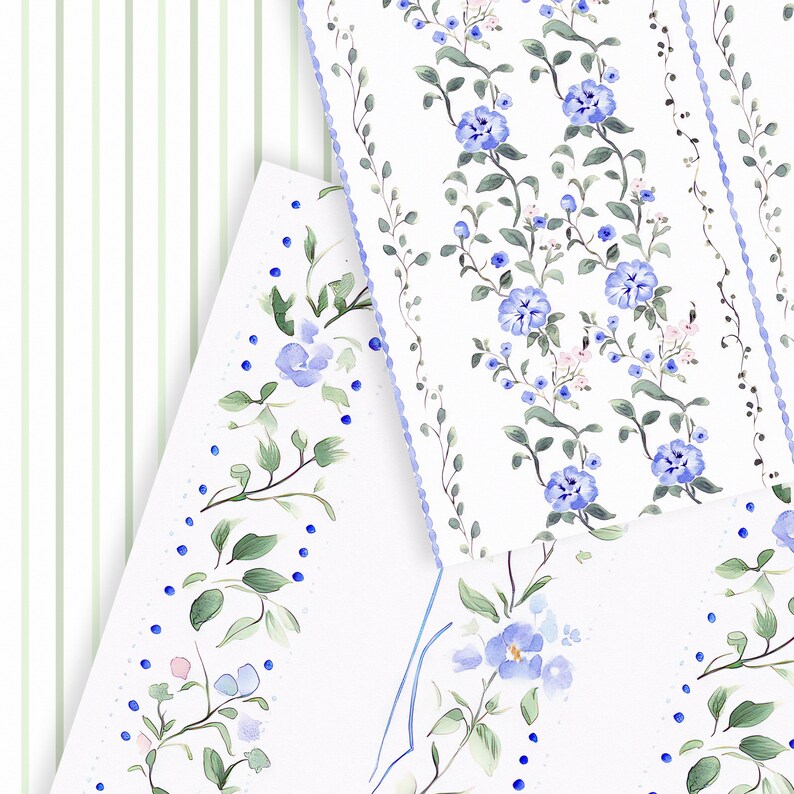 Puede incluir: Tres hojas de papel blanco con patrones florales azules. Las hojas tienen un borde festoneado y est&aacute;n decoradas con flores azules, hojas verdes y peque&ntilde;os puntos azules.