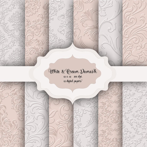 Embossed Damask Digital Papers - embossed paper floral damask pattern scrapbooking, wedding invitation, cards - commercial use