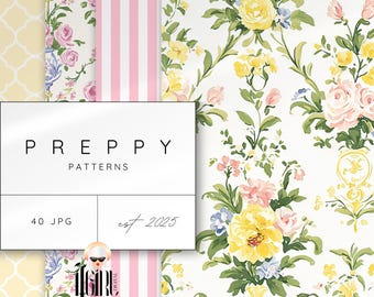 Preppy Grandmillenial Watercolor Seamless Digital Paper, Floral Pattern, Yellow Floral Patterns, Vintage Nursery Print Preppy Stripes, Plaid