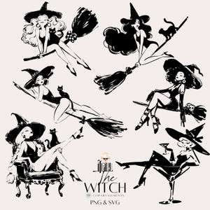 May include: Black and white illustrations of witches in various poses, riding brooms, and lounging. The images include a witch in a martini glass and a witch sitting in a chair. The text "iGirl The Witch" is also present.