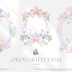 Könnte beinhalten: Aquarellrahmen in Pastellrosa und Blau, verziert mit Schleifen und Blumenarrangements. Die Rahmen sind oval geformt mit zarten Details, und der Text "GRANDMILLENNIAL FRAMES" ist darunter abgebildet.