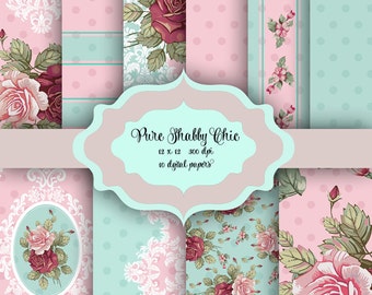 Pure Shabby Chic Flowers Digital Paper Pack - Vintage damask floral pattern backgrounds for scrapbooking, wedding invitations - Pink & Mint