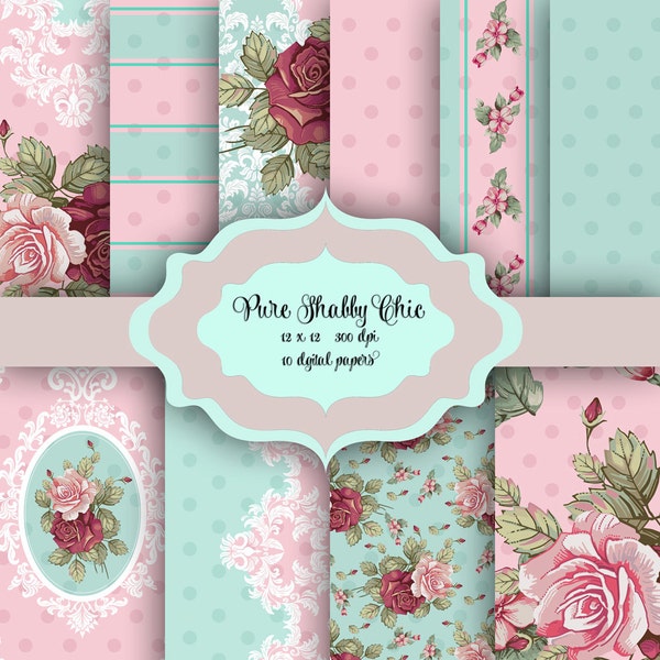 Pure Shabby Chic Flowers Digital Paper Pack - Vintage damask floral pattern backgrounds for scrapbooking, wedding invitations - Pink & Mint