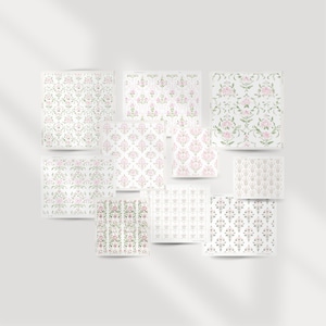May include: A set of 10 digital paper patterns featuring floral designs in shades of pink and green on a white background. The patterns are ideal for scrapbooking, card making, and other craft projects.