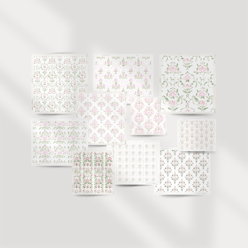May include: A set of 10 digital paper patterns featuring floral designs in shades of pink and green on a white background. The patterns are ideal for scrapbooking, card making, and other craft projects.