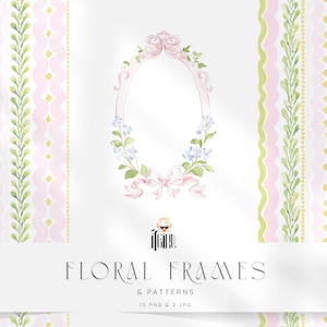May include: A watercolour illustration featuring floral frames and patterns in pastel shades. The central oval frame is decorated with a pink bow and blue flowers. The text "Floral Frames & Patterns" is displayed below the frame, along with file details.