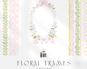 15 Grandmillennial Floral Frames PNG Clipart: Preppy Blue and Pink Botanical Coquette Borders