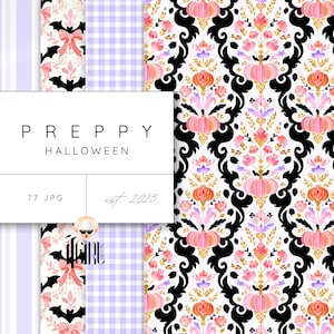Puede incluir: Paquete de papel digital con temática "Preppy Halloween". La imagen presenta varios patrones, incluyendo murciélagos, lazos, cuadros vichy y diseños florales con calabazas. La paleta de colores incluye rosa, negro, blanco y lavanda. Se muestra el texto "PREPPY HALLOWEEN".