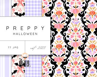 May include: Digital paper pack with a "Preppy Halloween" theme. The image features various patterns, including bats, bows, gingham, and floral designs with pumpkins. The color palette includes pink, black, white, and lavender. The text "PREPPY HALLOWEEN" is displayed.