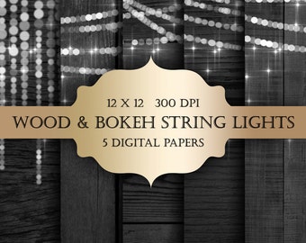 Rustic Wood Bokeh String Lights Digital Paper (12x12 JPEG)