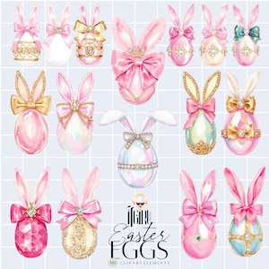 Puede incluir: Un conjunto de 140 elementos de clipart digital que presentan huevos de Pascua rosas y dorados con orejas de conejo, lazos y joyas. Los huevos están decorados con purpurina, perlas y otros adornos. El texto "Jiggle Digital Easter Eggs" está incluido en la imagen.