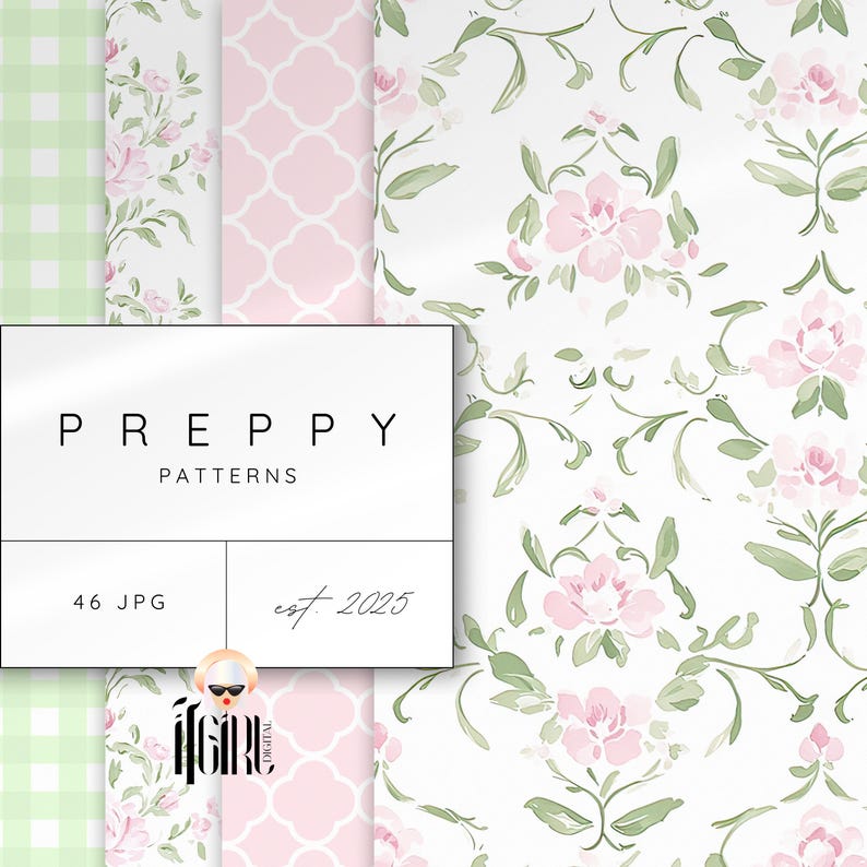 Grandmillenial Preppy Seamless Digital Paper, Cottagecore Watercolor Pastel Floral Patterns, Nursery Print, Preppy Stripes, Plaid image 1