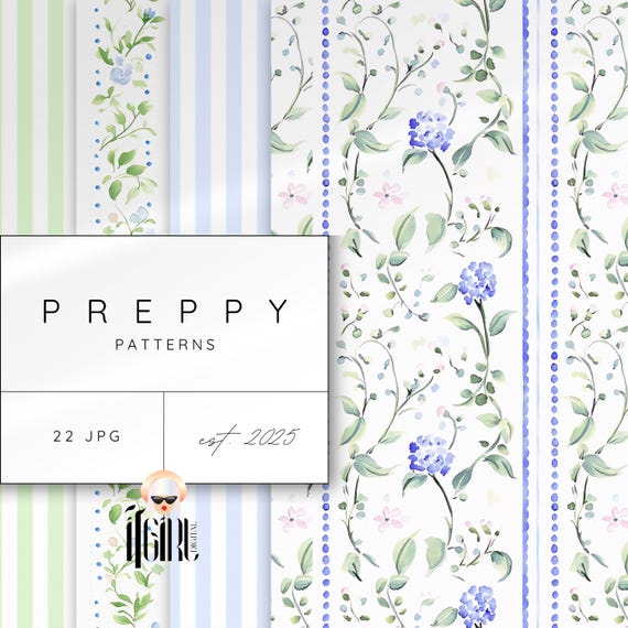 Grandmillenial Patterns, Preppy Seamless Digital Paper, Floral Stripes, Watercolor Hydrangea, Repeating Pattern, Coquette, Grand Millenial