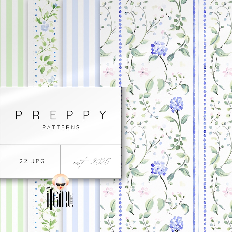 Puede incluir: Un conjunto de 22 patrones digitales preppy con dise&ntilde;os florales en tonos azules y verdes, rayas y lunares. Los patrones son perfectos para manualidades, scrapbooking y otros proyectos creativos.