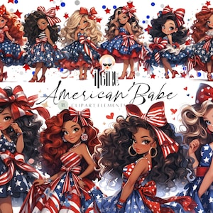 4th of july Dolls Clipart, cute girl clipart, patriotic clipart, independence day, digital download, American babe, fashion clipart