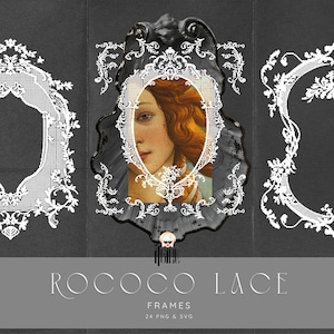 Puede incluir: Una colección digital de marcos de encaje blanco con intrincados patrones florales y bordes ornamentados. El elemento central muestra el retrato de una persona con cabello rojizo dentro de un marco negro. El texto dice ROCOCO LACE FRAMES.