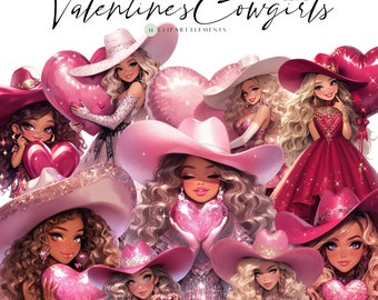 Pink Valentines Cowgirl Clipart, cute girls clipart, Valentines day, watercolor, love clipart, planner cover, valentine PNG, sublimation