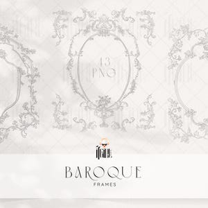 May include: Digital art featuring ornate baroque frames in shades of gray. The frames are oval and circular, with intricate floral and scrollwork designs. The text "43 PNG" is visible within one frame, and the word "BAROQUE" is displayed below.