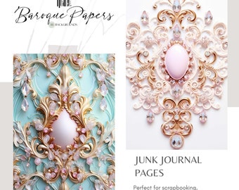 Jeweled Baroque Junk Journal Pages, vintage Victorian digital paper glam gold foil planner digital paper wedding invitation planner cover