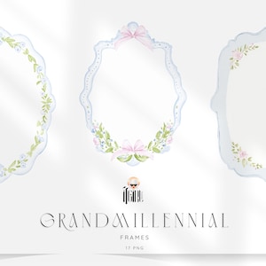 Può includere: Cornici ad acquerello azzurro con dettagli floreali e fiocchi. Le cornici hanno bordi smerlati e sono decorate con fiocchi rosa e fiori delicati. Il testo "GRANDMILLENNIAL FRAMES" è visualizzato sotto.