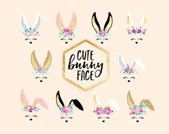 Bunny Face Clipart rabbit clipart gold foil gold glitter bunny clipart easter bunny flowers birthday baby shower planner stickers clipart
