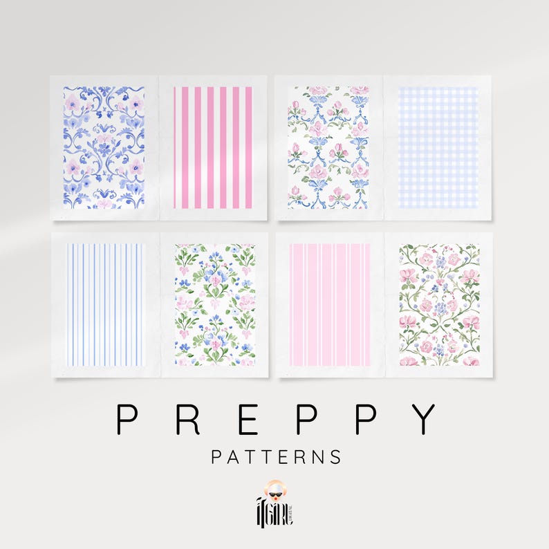 May include: A set of eight preppy patterns featuring floral, striped, and gingham designs in pink, blue, and white.