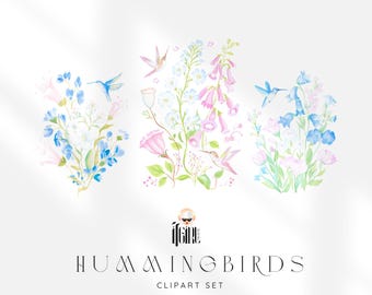 Conjunto de imágenes prediseñadas de colibríes estilo Toile: Acuarela floral estilo chinoiserie PNG (Descarga digital)