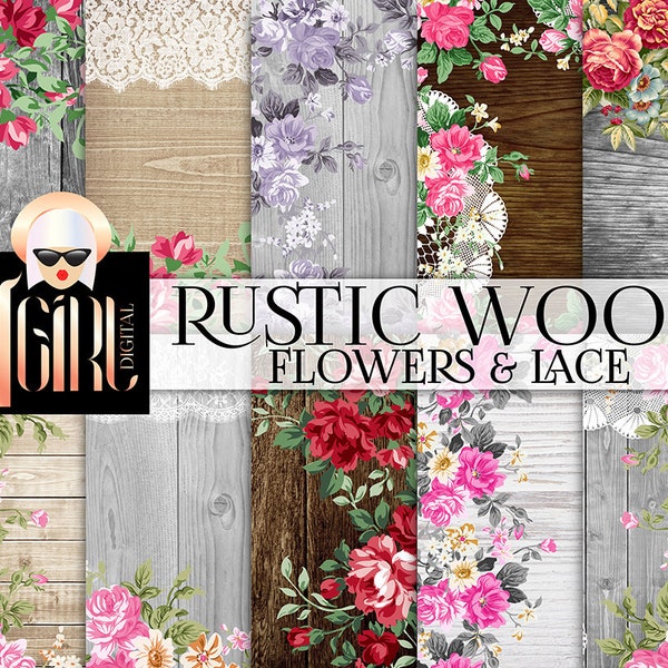 Rustic Wood, Flowers & LACE Digital Paper Pack - wood, flowers and vintage lace pattern backgrounds for wedding invitations bridal shower