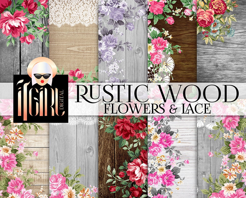 Download Rustic Wood Flowers & LACE Digital Paper Pack wood flowers ...